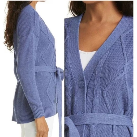 L’AGENCE MICA BELTED CABLE KNIT DUSTY BLUE COTTON CARDIGAN SWEATER SIZE XXL/TTG - Picture 5 of 11